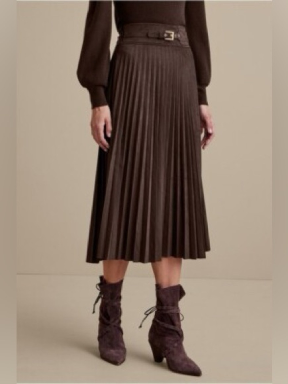 Laffaire Pleated Brown Faux Suede Midi Skirt with Belt, Size Small - Picture 5 of 12